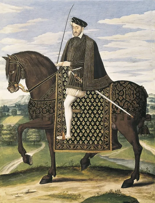 Framed Print : Equestrian Portrait of Henry II, King of France. 16th c. Parchment on wood. Renaissance art. Gouache. FRANCE. Chantilly. Musee Conde (Conde Museum)
