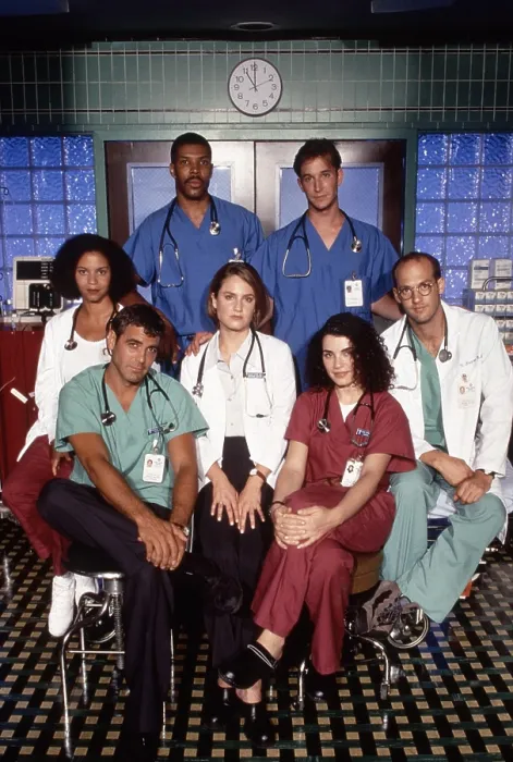 Framed Print : ER, (aka E.R.), from left, Gloria Reuben, George Clooney, Eriq La Salle, Sherry Stringfield, Noah Wylie, Julianna Margulies, Anthony Edwards, 1994-2009 (ca. 1997 photo)