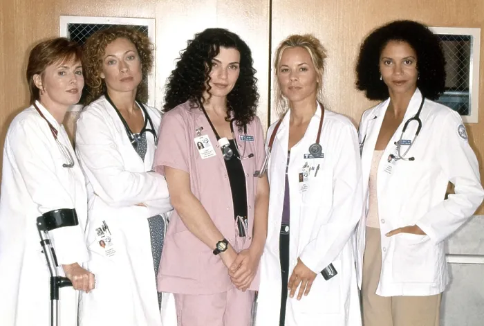 Framed Print : ER, (aka E.R.), from left, Laura Innes, Alex Kingston, Julianna Margulies, Maria Bello, Gloria Reuben, 1994-2009 (ca. mid-1990s photo)