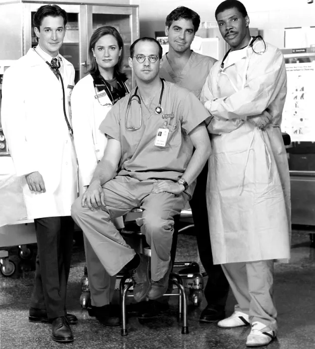 Framed Print : ER, (aka E.R.), from left, Noah Wylie, Sherry Stringfield, Anthony Edwards, George Clooney, Eriq La Salle, (late 1990s), 1994-2009