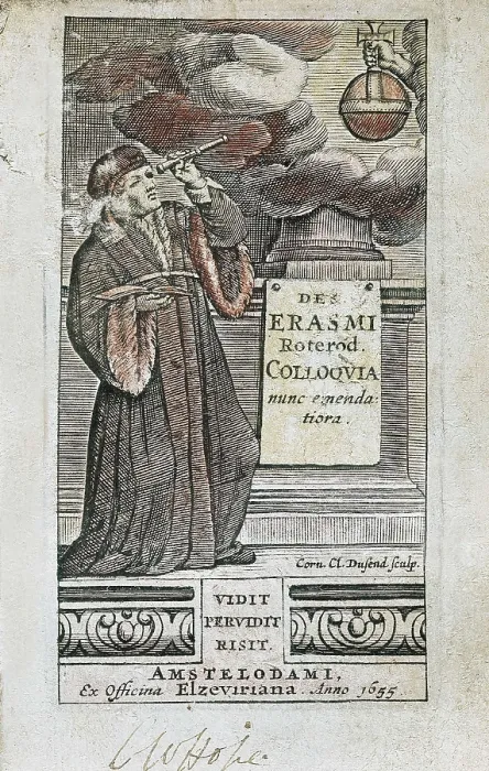 Framed Print : Erasmus, Desiderius Erasmus Roterdamus (1469-1539). Portrait of Erasmus included in the front page of 'Colloquia'. Edition published in Amsterdam in 1655. Litography