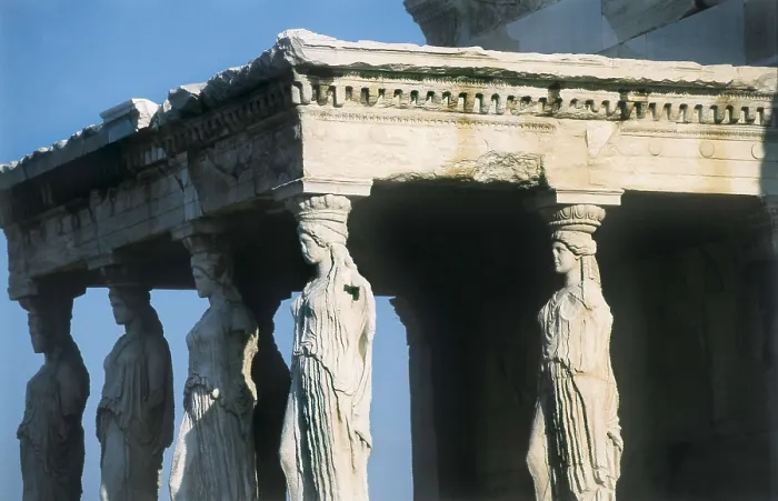 Framed Print : Erechtheion. 421 -414 BC. GREECE. Athens. Acropolis. Erechtheum or Erecththeion. The Caryatid Porch. Classical Greek art. Sculpture on marble; Architecture Framed Print : Erechtheion. 421 -414 BC. GREECE. Athens. Acropolis. Erechtheum or Erecththeion. The Caryatid Porch. Classical Greek art. Sculpture on marble; Architecture