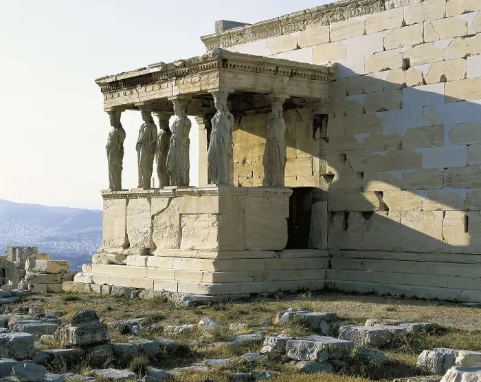 Framed Print : Erechtheion. 421 -414 BC. GREECE. Athens. Acropolis. Erechtheum or Erecththeion. The Caryatid Porch. Classical Greek art. Sculpture on marble; Architecture