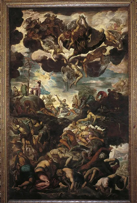 Framed Print : Erection of the bronze snake, by Jacopo Robusti called Tintoretto, 1575, 16th Century, oil on canvas - Italy, Veneto, Venice, Scuola Grande di San Rocco. Whole artwork view
