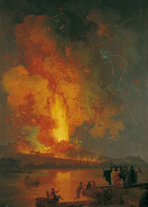 Framed Print : Eruption of Vesuvius (Eruzione del Vesuvio), by Pierre-Jacques Volaire, 18th Century, oil on canvas - Whole artwork view