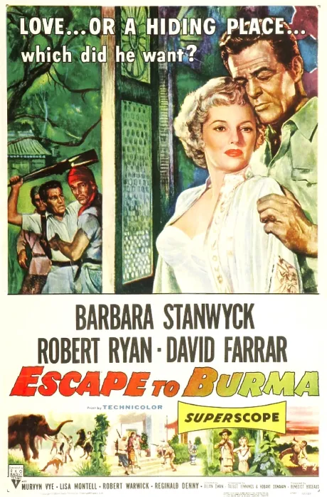 Framed Print : ESCAPE TO BURMA, US poster, from left: Barbara Stanwyck, Robert Ryan, 1955 Framed Print : ESCAPE TO BURMA, US poster, from left: Barbara Stanwyck, Robert Ryan, 1955