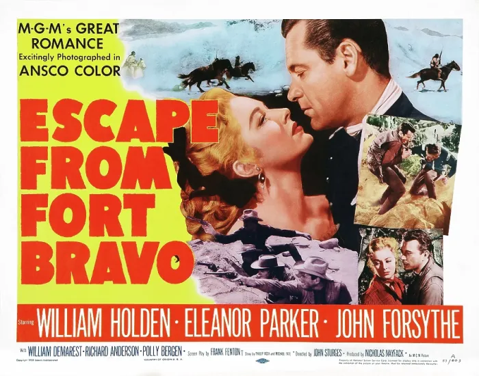 Framed Print : ESCAPE FROM FORT BRAVO, US poster art, top from left: Eleanor Parker, William Holden; bottom right inset: Eleanor Parker, John Forsythe, 1953 Framed Print : ESCAPE FROM FORT BRAVO, US poster art, top from left: Eleanor Parker, William Holden; bottom right inset: Eleanor Parker, John Forsythe, 1953