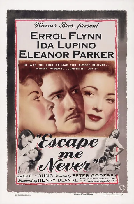 Framed Print : ESCAPE ME NEVER, US poster art, from left: Ida Lupino, Errol Flynn, Eleanor Parker, 1947