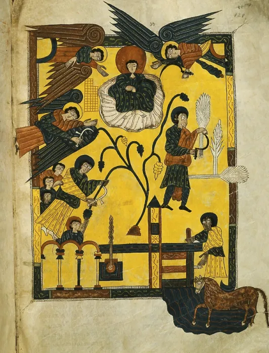 Framed Print : Escorial Beatus. 950 - 955. Cod & II. 5. Folio 120 r. Vision of the Son of Man and the Three Angels in the eschatological harvest and vintage. (Rev. XIV, 14-20) Framed Print : Escorial Beatus. 950 - 955. Cod & II. 5. Folio 120 r. Vision of the Son of Man and the Three Angels in the eschatological harvest and vintage. (Rev. XIV, 14-20)