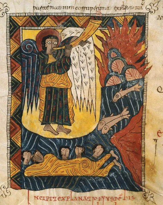 Framed Print : Escorial Beatus. 950 - 955. Cod & II. 5. Folio 93 v. The angel playing second trumpet. Disasters on the sea (Rev. VIII, 8-9). Codex with the Commentary on the Apocalypse of St