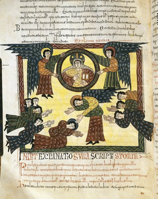 Framed Print : Escorial Beatus. 950 - 955. Cod & II. 5. Folio 142v. Final Theophany. The Angel rejects the worship of John and shows him the throne of God (Rev. XXII)