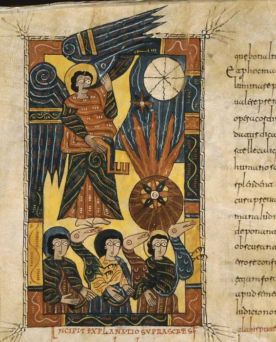 Framed Print : Escorial Beatus. 950 - 955. Cod & II. 5. Folio 95 v. The Fifth Angel plays the trumpet and a star falls to earth (Rev. IX). Codex with the Commentary on the Apocalypse of St