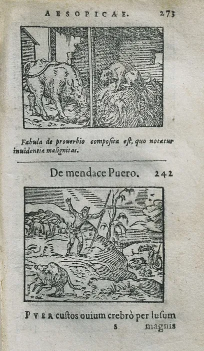 Framed Print : ESOPUS (650-560 BC). 'Fables'. Latin edition carried put in Leyden in 1579. Fable of The Shepherd Boy and the Wolf or The Boy Who Cried Wolf. SPAIN. Barcelona