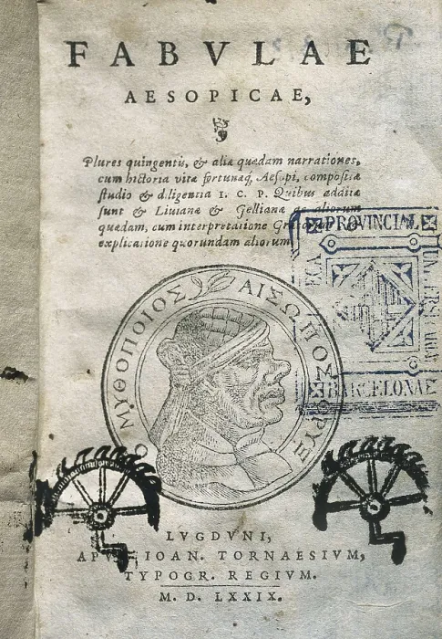 Framed Print : ESOPUS (650-560 BC). 'Fables'. Latin edition carried out in Leyden in 1579. Title page. SPAIN. Barcelona. Barcelona University Library