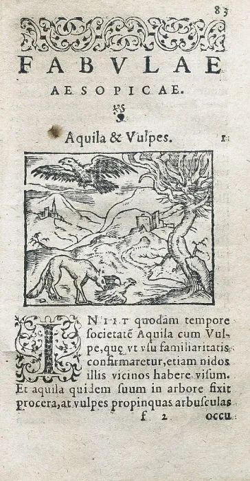 Framed Print : ESOPUS (650-560 BC). 'Fables'. Latin edition carried out in Leyden in 1579. Fable of The Eagle and the Fox. SPAIN. Barcelona. Barcelona University Library Framed Print : ESOPUS (650-560 BC). 'Fables'. Latin edition carried out in Leyden in 1579. Fable of The Eagle and the Fox. SPAIN. Barcelona. Barcelona University Library