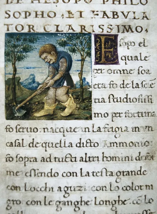 Framed Print : ESOPUS (650-560 BC). Illustration of 'Aesop's Fables'. Ms. 758. Gothic art. Miniature Painting. SPAIN. Valencia. Valencia University Library Framed Print : ESOPUS (650-560 BC). Illustration of 'Aesop's Fables'. Ms. 758. Gothic art. Miniature Painting. SPAIN. Valencia. Valencia University Library