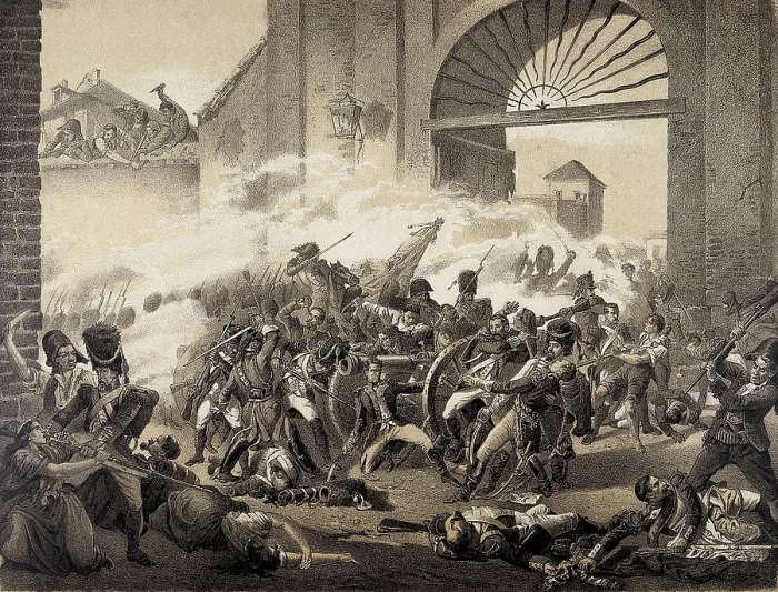 Framed Print : Espaa. Guerra de Independecia (1808). Second of May in Madrid. Death of Luis Daoiz defending the Montelen Park. Engraving after a painting by Manuel Castellano. Litography