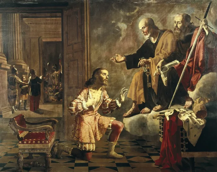 Framed Print : ESPINOSA Y LLEO, Jeronimo Jacinto (1600-1667). Saint Peter the Apostle and Saint Paul appearing to Roman emperor Constantine I. Baroque art. Oil on canvas. SPAIN. Valencia