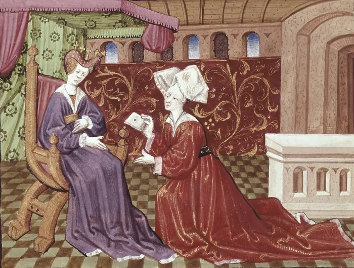 Framed Print : ESPINQUES, Everard de (15th c.). Romance of Tristan and Iseult. s.XV. A servant hands in a missage to Iseult. French school. Gothic art. Miniature Painting. FRANCE. Chantilly