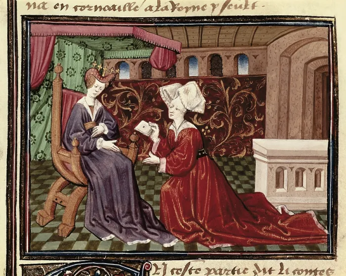 Framed Print : ESPINQUES, Everard de (15th c.). Romance of Tristan and Iseult. s.XV. A servant hands in a missage to Iseult. French school. Gothic art. Miniature Painting. FRANCE. Chantilly