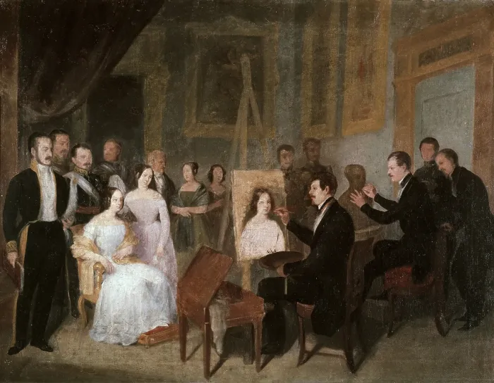 Framed Print : ESQUIVEL Y SUAREZ DE URBINA, Antonio Maria (1806-1857). Esquivel in his study paints the portrait of Isabella II. 1848. Oil on canvas. SPAIN. Sevilla. Fine Arts Museum. - P
