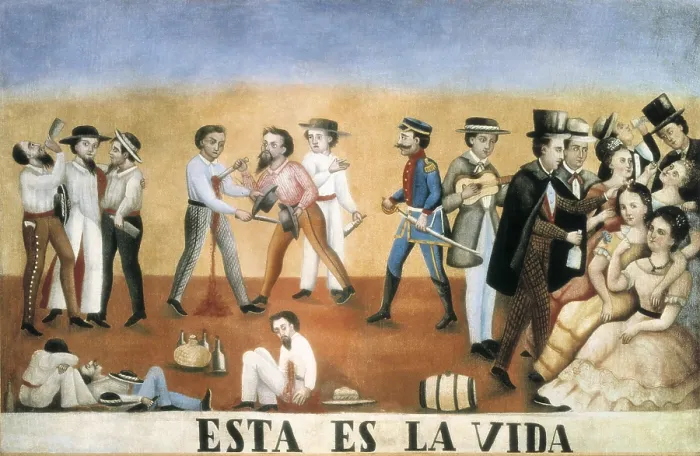 Framed Print : Esta es la vida (This is Life). Satirical depiction of the decadence of some parts of Mexico, with drunkards, prostitutes and murderers. Anonymous mexican work c. 1850