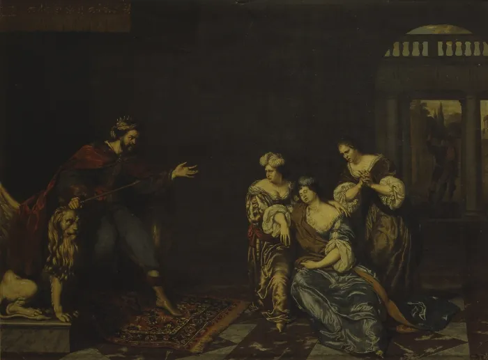 Framed Print : Esther and Ahasuerus, by Willem van Mieris, 17th - 18th century, oil on panel. - Italy, Lombardy, Milan, Brera Collection. Whole artwork view Framed Print : Esther and Ahasuerus, by Willem van Mieris, 17th - 18th century, oil on panel. - Italy, Lombardy, Milan, Brera Collection. Whole artwork view
