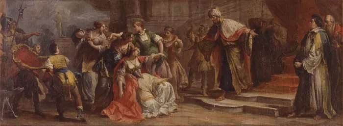Framed Print : Esther fainting in front of Assuero, by Gaetano Zompini, 1748, 18th Century, canvas - England, Woburn, Woburn Abbey. Whole artwork view