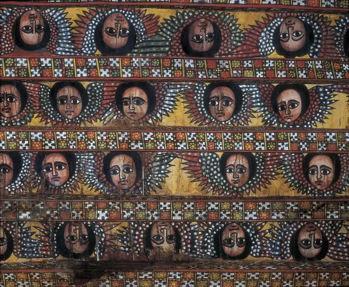 Framed Print : ETHIOPIA. AMHARA. Gonderr. Debre Berhan Selassie Church. Ceiling roof of the church decorated with figures of cherubs. Coptic art. Painting