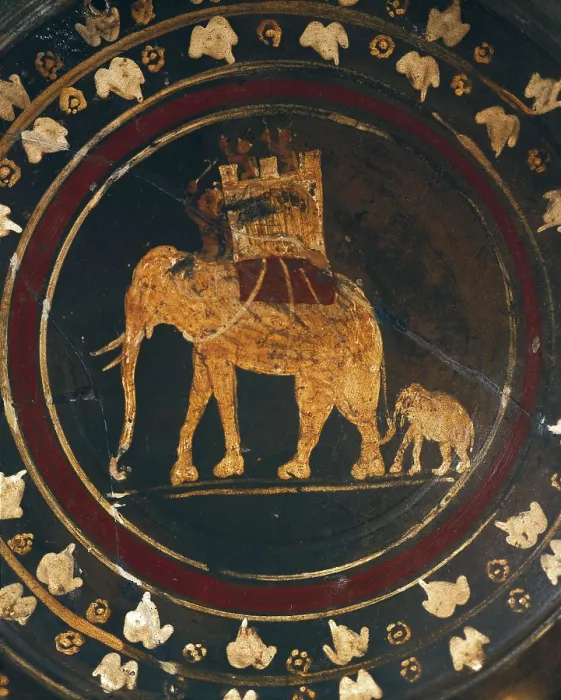 Framed Print : Etruscan plate with a war elephant fighting against the Carthaginians. Etruscan art. Ceramics. ITALY. Rome. National Etruscan Museum of Villa Julia