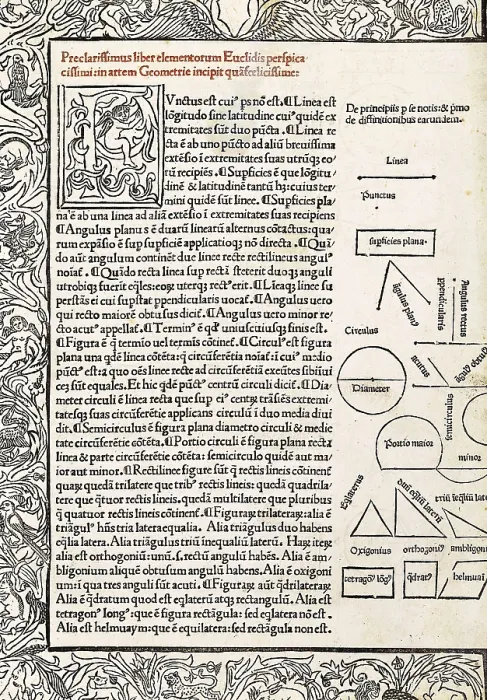 Framed Print : EUCLID (c. 300 BC). Printed page from Euclid's 'Elements'. Edition of Leonardo de Basilea and Guillermo de Pavia, 1491. SPAIN. Barcelona