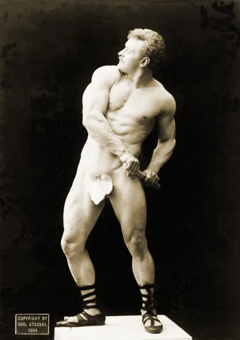 Framed Print : Eugen Sandow (1867-1925), strong man and body builder, drawing a sword. He often assumed the poses of ancient Greek sculpture. 1894