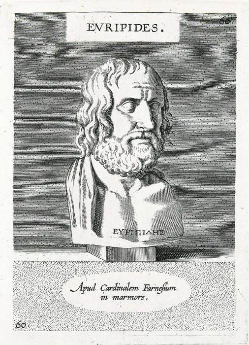 Framed Print : EURIPIDES (484-406 BC). Portrait of Euripides from the book 'Illustrium Imagines' (1605). Engraving. SPAIN. Madrid. National Library