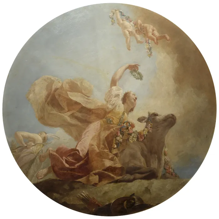 Framed Print : Europe and America, by Giuseppe Angeli, 18th Century, canvas - Italy, Veneto, Venice, Pisani Palaces. Whole artwork view. Tondo with the Rape of Europe by Zeus as a white bull