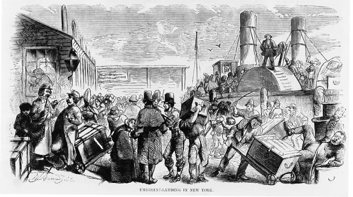 Framed Print : European immigrants arriving at New York City's Castle Garden, America's first official immigration center in 1858 Framed Print : European immigrants arriving at New York City's Castle Garden, America's first official immigration center in 1858
