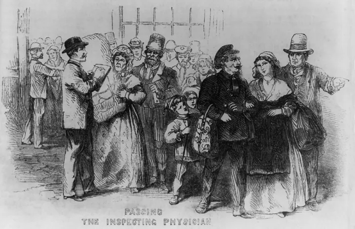 Framed Print : European immigrants passing the inspecting physician at New York City's Castle Garden in 1866. The sick were quarantined on Ward's Island or Blackwell's Island Framed Print : European immigrants passing the inspecting physician at New York City's Castle Garden in 1866. The sick were quarantined on Ward's Island or Blackwell's Island