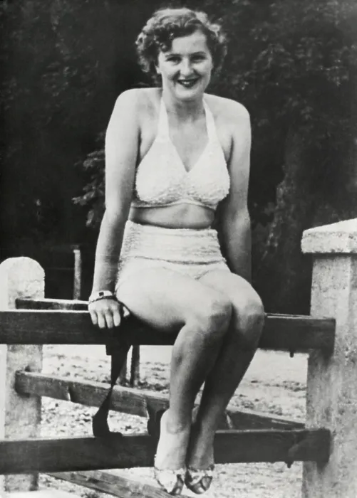 Framed Print : Eva Braun in a two piece bathing suit in the 1930s. Hitler arranged for Braun to work as a photographer for Heinrich Hoffmann, his personal photographer from 1933 Framed Print : Eva Braun in a two piece bathing suit in the 1930s. Hitler arranged for Braun to work as a photographer for Heinrich Hoffmann, his personal photographer from 1933
