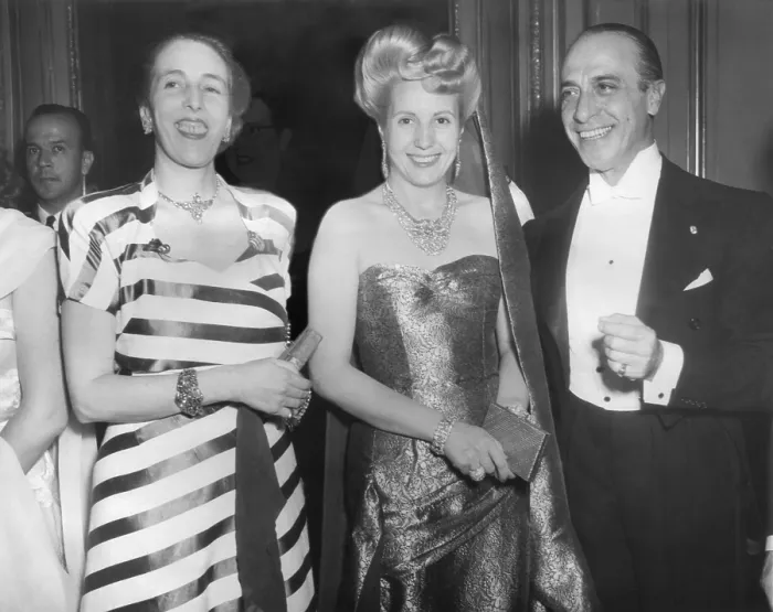 Framed Print : Eva Peron in jewelry by Van Cleef and Arpels at a reception at the Argentine Embassy in Paris. July 24, 1947