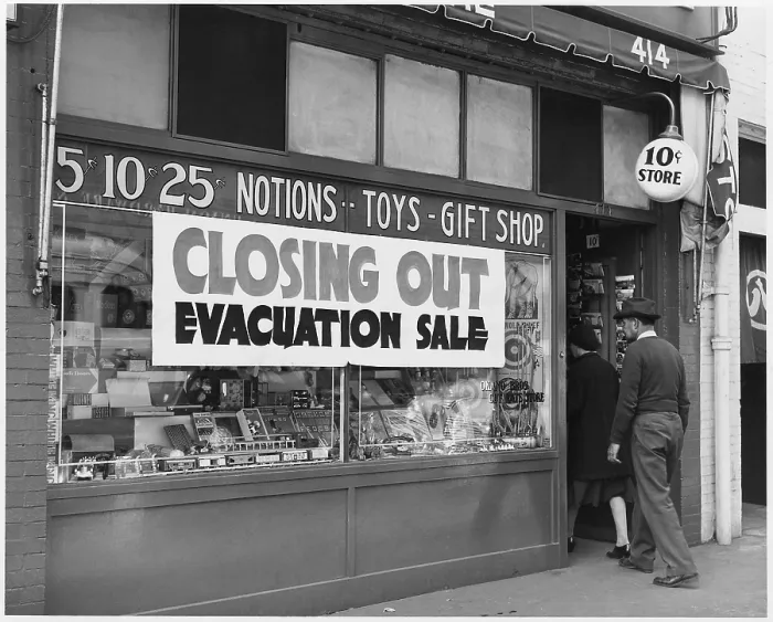 Framed Print : Evacuation Sale sign on a Japanese-American store in preparation for World War II relocation Framed Print : Evacuation Sale sign on a Japanese-American store in preparation for World War II relocation