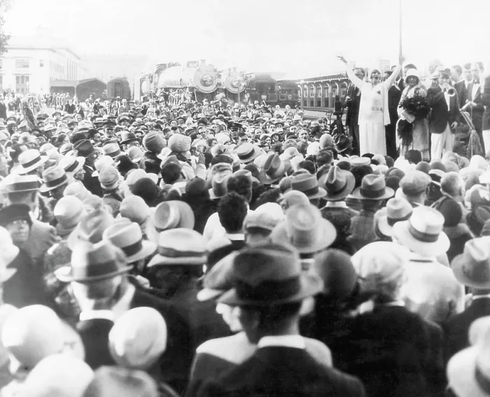 Framed Print : Evangelist Aimee Semple McPherson (far right, standing with raised arms), c. 1930.. Courtesy: CSU Archives  /  Everett Collection
