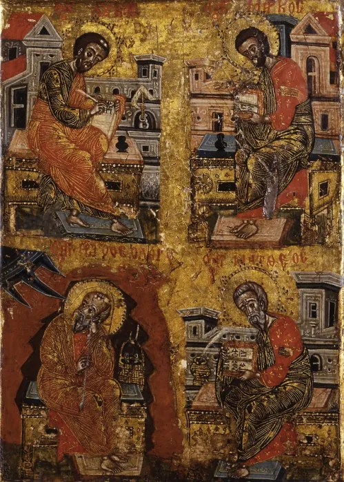 Framed Print : The Four Evangelists, by Artist from Kora, tempera on wood - Albania, Tirana, Institute for Cultural Monuments. Whole artwork view. Icon from the monastery of Saint Prodhromi, St Framed Print : The Four Evangelists, by Artist from Kora, tempera on wood - Albania, Tirana, Institute for Cultural Monuments. Whole artwork view. Icon from the monastery of Saint Prodhromi, St