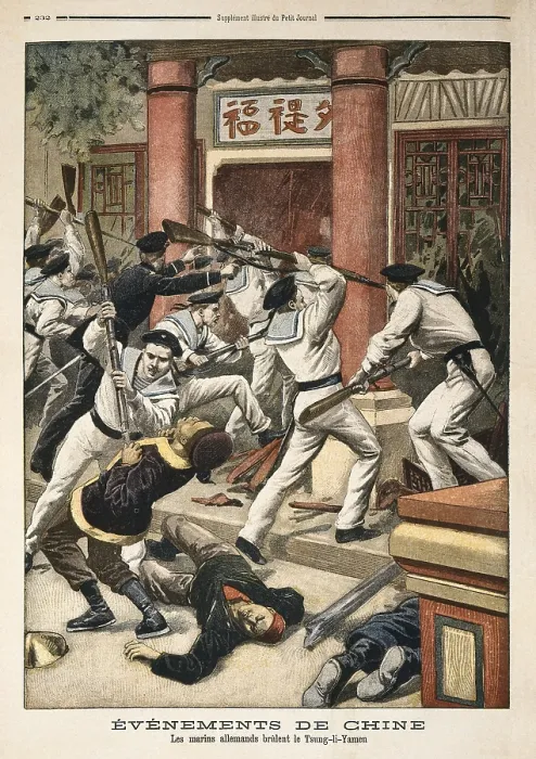 Framed Print : evenements de chine: les marins allemands brlent le Tsung- li-Yamen (Events in China: German sailors burn Tsung-li-Yamen)