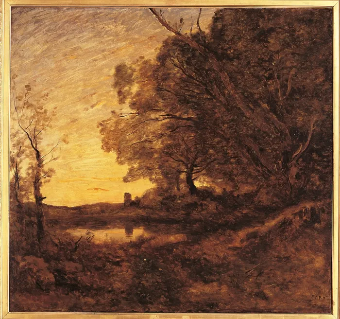 Framed Print : Evening. Distant Tower, by Jean-Baptiste-Camille Corot, 1865 - 1870 about, 19th Century, oil on canvas, cm 109 x 116 - France, Ile de France, Paris, Muse dOrsay, RF1793. All Framed Print : Evening. Distant Tower, by Jean-Baptiste-Camille Corot, 1865 - 1870 about, 19th Century, oil on canvas, cm 109 x 116 - France, Ile de France, Paris, Muse dOrsay, RF1793. All