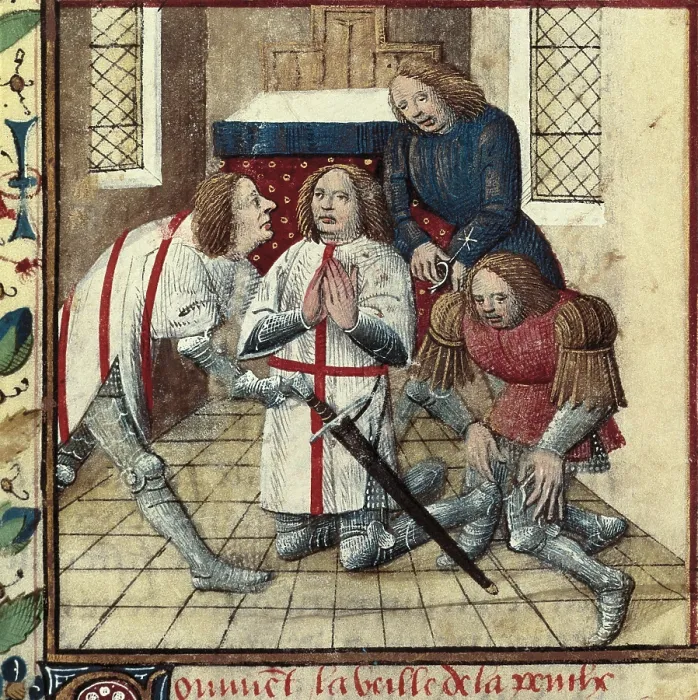 Framed Print : Everard de Espinques's 'Tristan and Iseult', written by Gassien de Poiters. Page from the third volume, with Jean Du Mas weapons