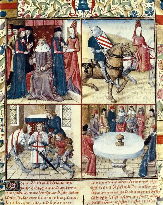 Framed Print : Everard de Espinques's 'Tristan and Iseult', written by Gassien de Poiters. Page from the third volume, with Jean Du Mas weapons Framed Print : Everard de Espinques's 'Tristan and Iseult', written by Gassien de Poiters. Page from the third volume, with Jean Du Mas weapons