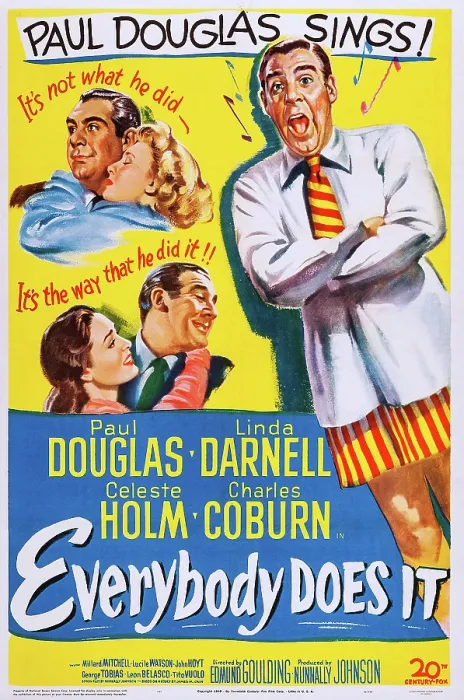 Framed Print : EVERYBODY DOES IT, US poster, top from left: Paul Douglas, Celeste Holm, bottom from left: Linda Darnell, Paul Douglas (and right), 1949 Framed Print : EVERYBODY DOES IT, US poster, top from left: Paul Douglas, Celeste Holm, bottom from left: Linda Darnell, Paul Douglas (and right), 1949