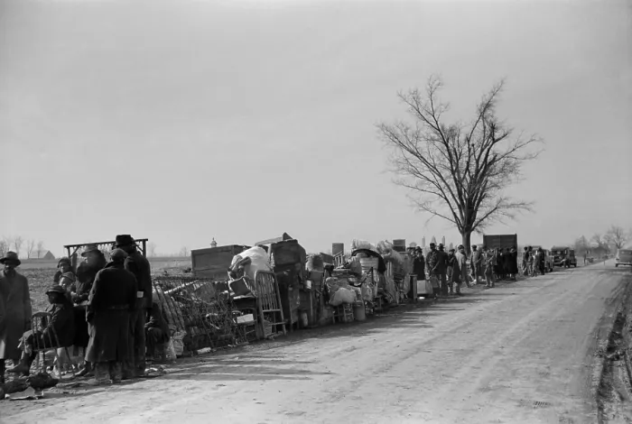 Framed Print : Evicted sharecroppers protest along Highway 60, Missouri, 1939. Their belongings on the roadside are their protest, organized by the Southern Tenant Farmers Union