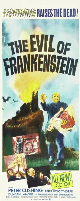 Framed Print : EVIL OF FRANKENSTEIN, top: Kiwi Kingston, bottom l-r: Caron Gardner, Peter Woodthorpe, Peter Cushing, Katy Wild on insert poster, 1964