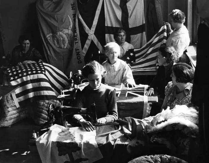 Framed Print : Evolution of the American Flag as demonstrated in cloth by the members of a Florida WPA sewing project. 1937. Courtesy: CSU Archives / Everett Collection