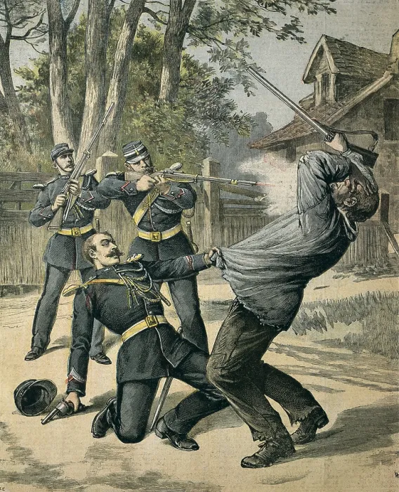 Framed Print : Ex-Con Boissin resists arrest and is shot by the Gendarmes, 1892. Illustration of the illustrated supplement of 'Le Petit Journal'. Drawing. FRANCE. Paris Framed Print : Ex-Con Boissin resists arrest and is shot by the Gendarmes, 1892. Illustration of the illustrated supplement of 'Le Petit Journal'. Drawing. FRANCE. Paris